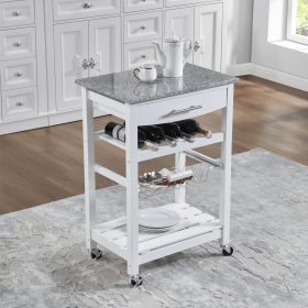Mobile Rolling Kitchen Island Trolley Serving Cart with Underneath Drawer & Slide-Out Wire Storage Basket (Main Material: Marble+Metal, Main Color: White)